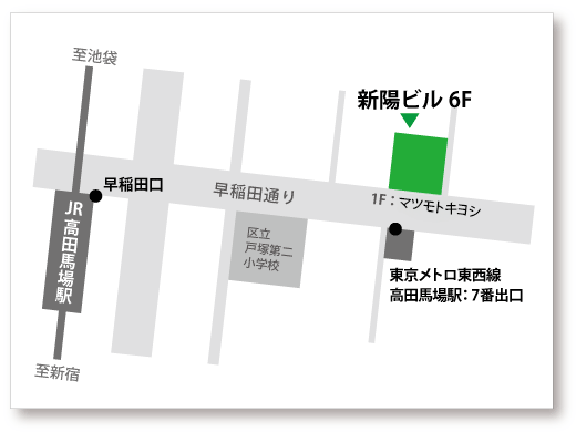 案内図ＪＲ高田馬場駅徒歩３分、東京メトロ高田馬場駅徒歩１分、新陽ビル６階